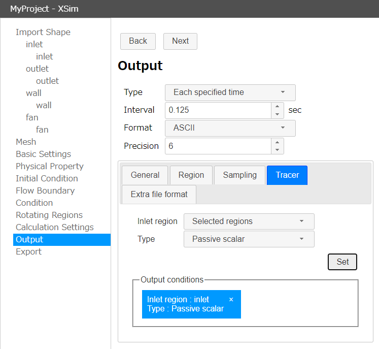 Inflow setting for tracer