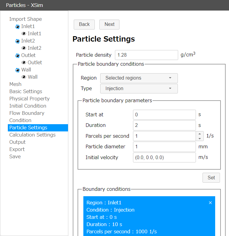 The injection, ejection, and wall conditions for particles