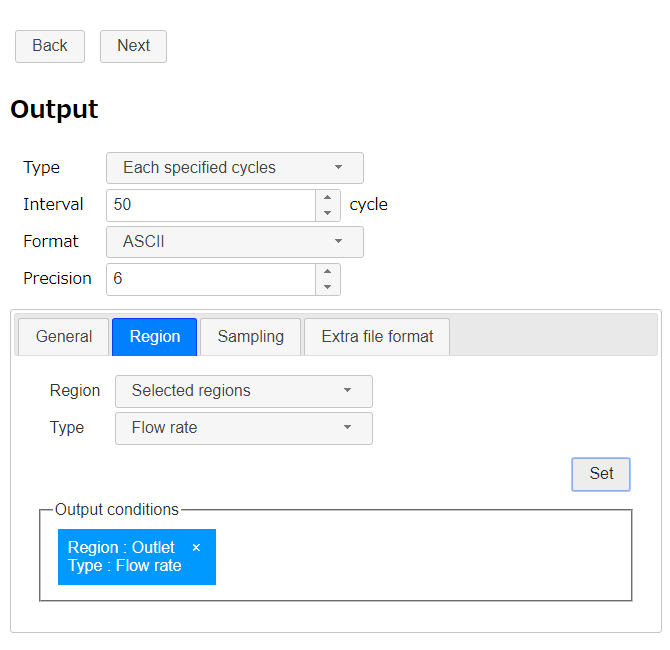 Output settings - Region tab